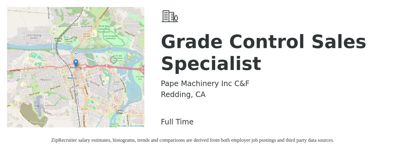 Pape Machinery Inc C&F job posting for a Grade Control Sales Specialist in Redding, CA with a salary of $45,600 to $75,900 Yearly with a map of Redding location.