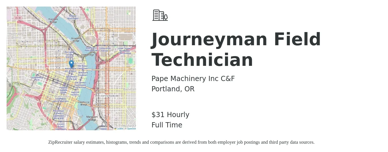 Pape Machinery Inc C&F job posting for a Journeyman Field Technician in Portland, OR with a salary of $33 Hourly with a map of Portland location.