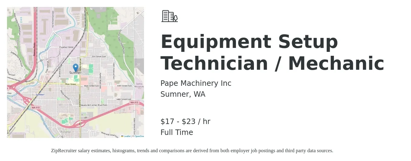 Pape Machinery Inc job posting for a Equipment Setup Technician / Mechanic in Sumner, WA with a salary of $18 to $24 Hourly with a map of Sumner location.