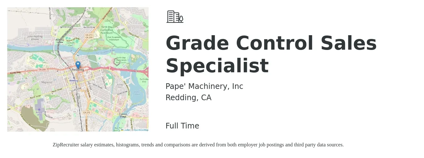 Pape' Machinery, Inc job posting for a Grade Control Sales Specialist in Redding, CA with a salary of $45,600 to $75,900 Yearly with a map of Redding location.
