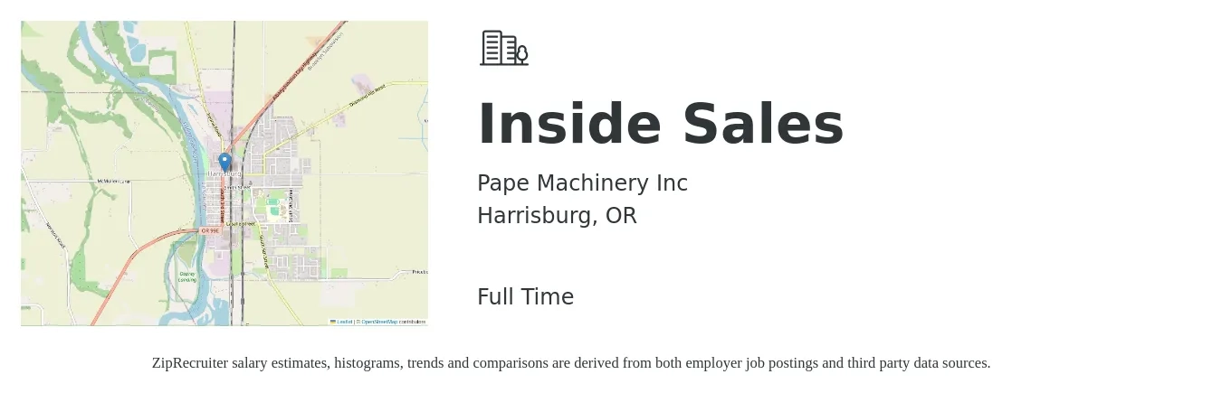 Pape Machinery Inc job posting for a Inside Sales in Harrisburg, OR with a salary of $38,100 to $56,900 Yearly with a map of Harrisburg location.