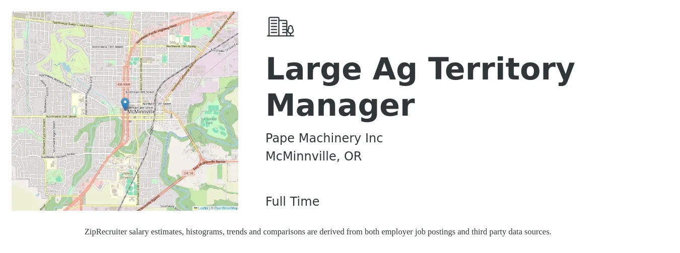 Pape Machinery Inc job posting for a Large Ag Territory Manager in McMinnville, OR with a salary of $76,600 to $113,800 Yearly with a map of McMinnville location.