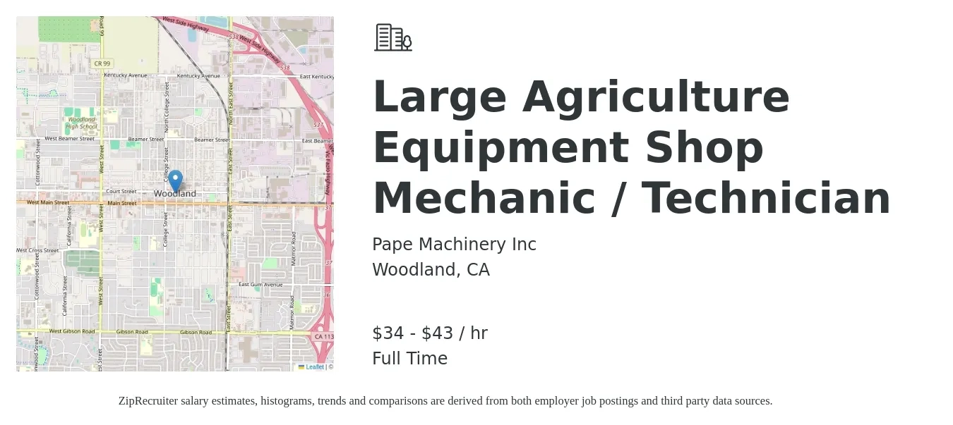 Pape Machinery Inc job posting for a Large Agriculture Equipment Shop Mechanic / Technician in Woodland, CA with a salary of $36 to $45 Hourly with a map of Woodland location.