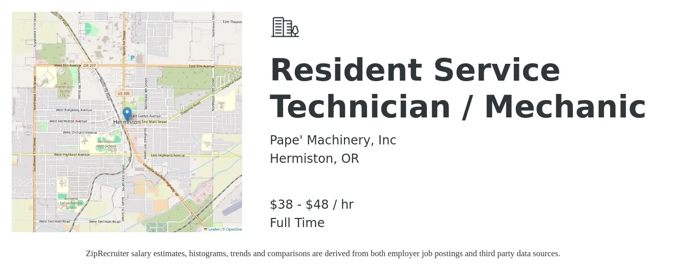 Pape Machinery Inc job posting for a Resident Service Technician / Mechanic in Hermiston, OR with a salary of $40 to $50 Hourly with a map of Hermiston location.