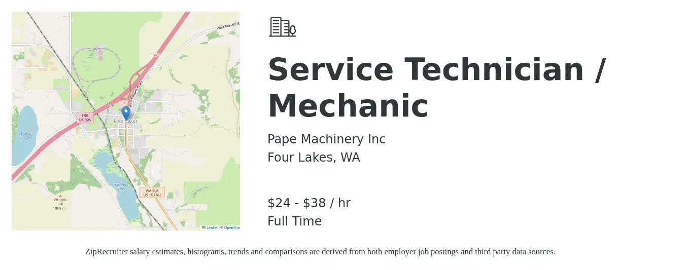 Pape Machinery Inc job posting for a Service Technician / Mechanic in Four Lakes, WA with a salary of $25 to $40 Hourly with a map of Four Lakes location.