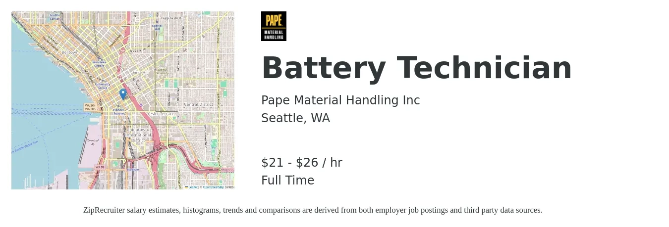 Pape Material Handling Inc job posting for a Battery Technician in Seattle, WA with a salary of $22 to $28 Hourly with a map of Seattle location.