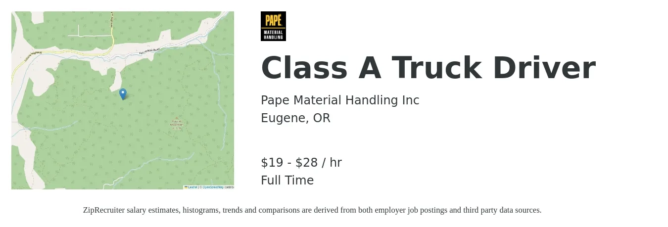 Pape Material Handling Inc job posting for a Class A Truck Driver in Eugene, OR with a salary of $20 to $30 Hourly with a map of Eugene location.