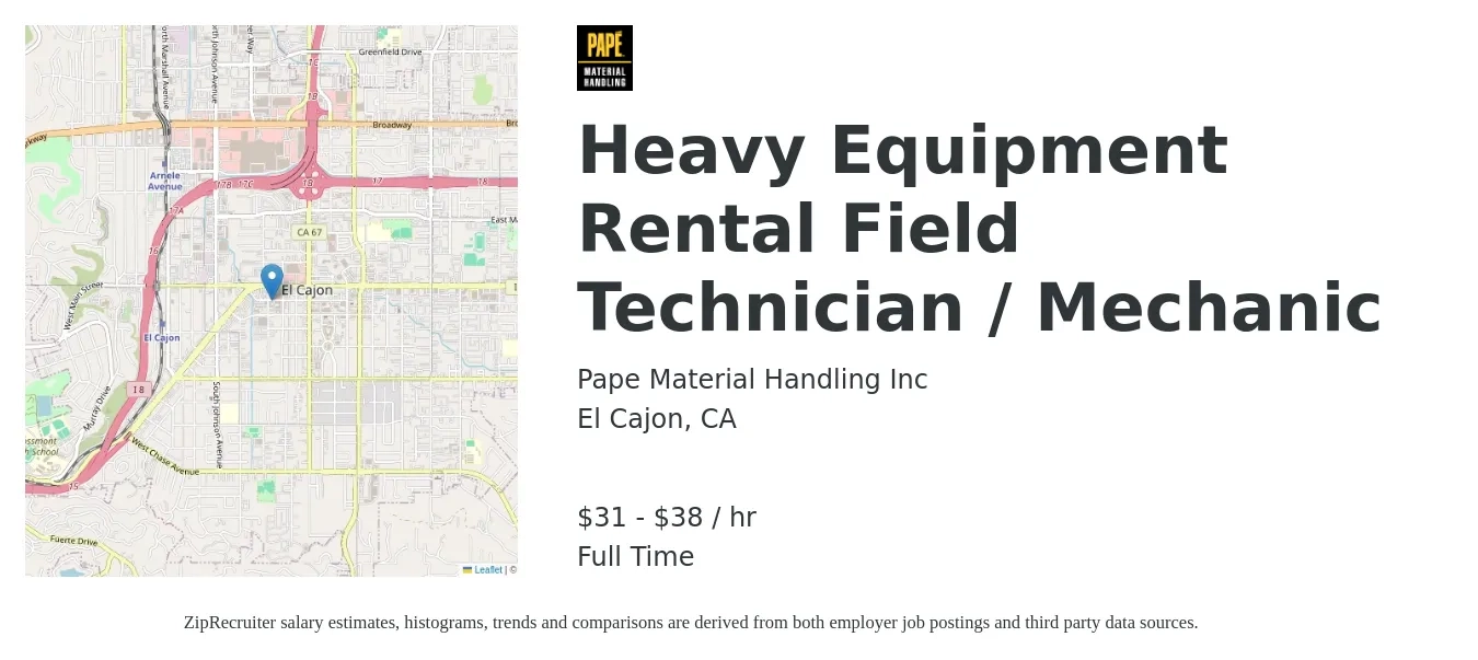 Pape Material Handling Inc job posting for a Heavy Equipment Rental Field Technician / Mechanic in El Cajon, CA with a salary of $33 to $40 Hourly with a map of El Cajon location.