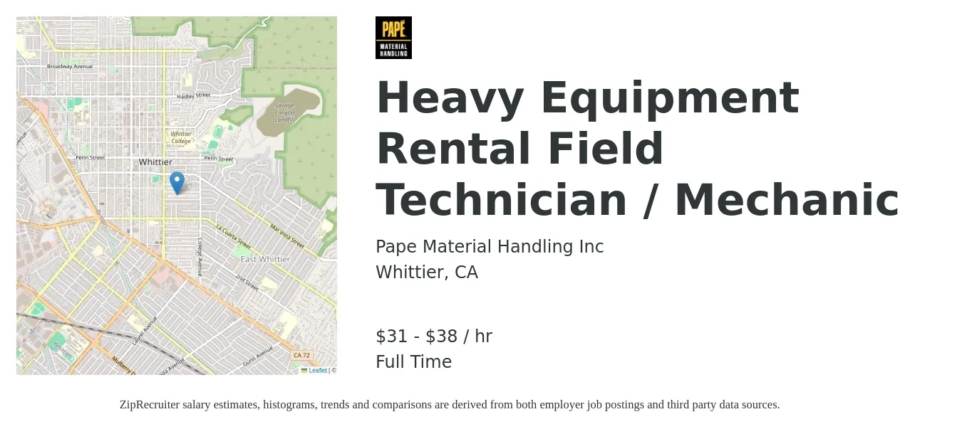Pape Material Handling Inc job posting for a Heavy Equipment Rental Field Technician / Mechanic in Whittier, CA with a salary of $33 to $40 Hourly with a map of Whittier location.