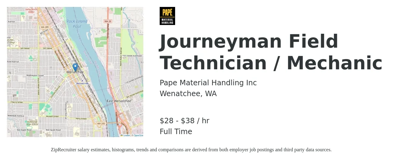 Pape Material Handling Inc job posting for a Journeyman Field Technician / Mechanic in Wenatchee, WA with a salary of $30 to $40 Hourly with a map of Wenatchee location.