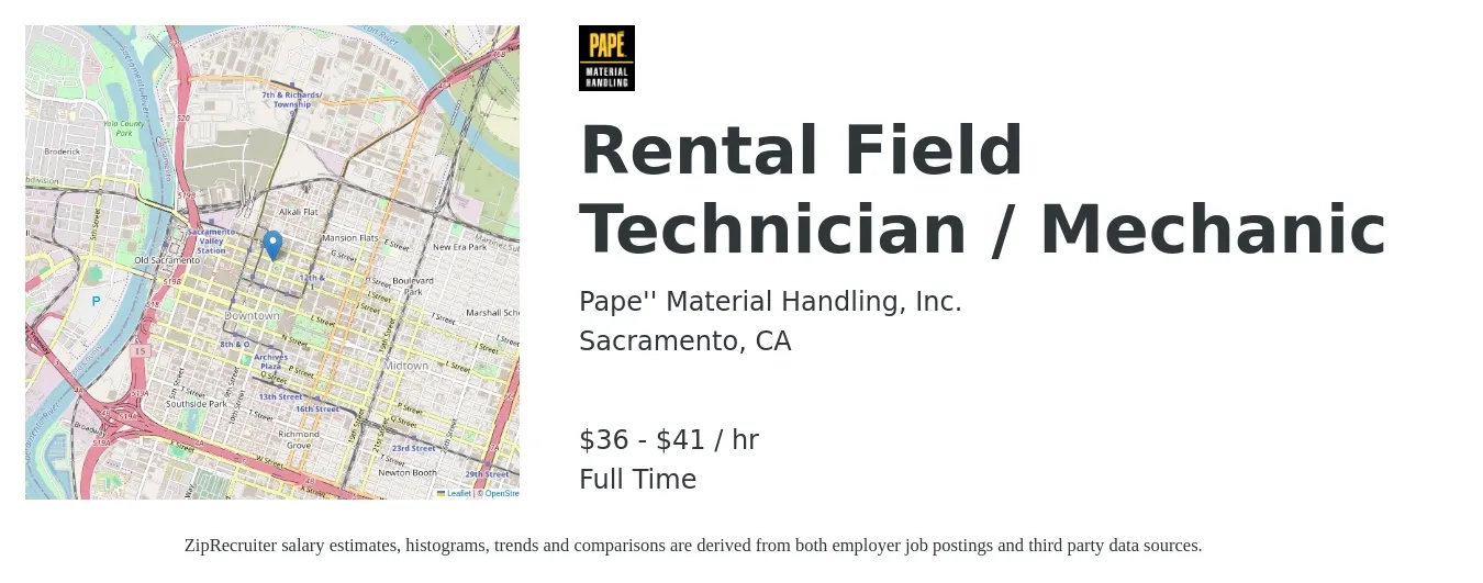 Pape Material Handling Inc job posting for a Rental Field Technician / Mechanic in Sacramento, CA with a salary of $38 to $43 Hourly with a map of Sacramento location.