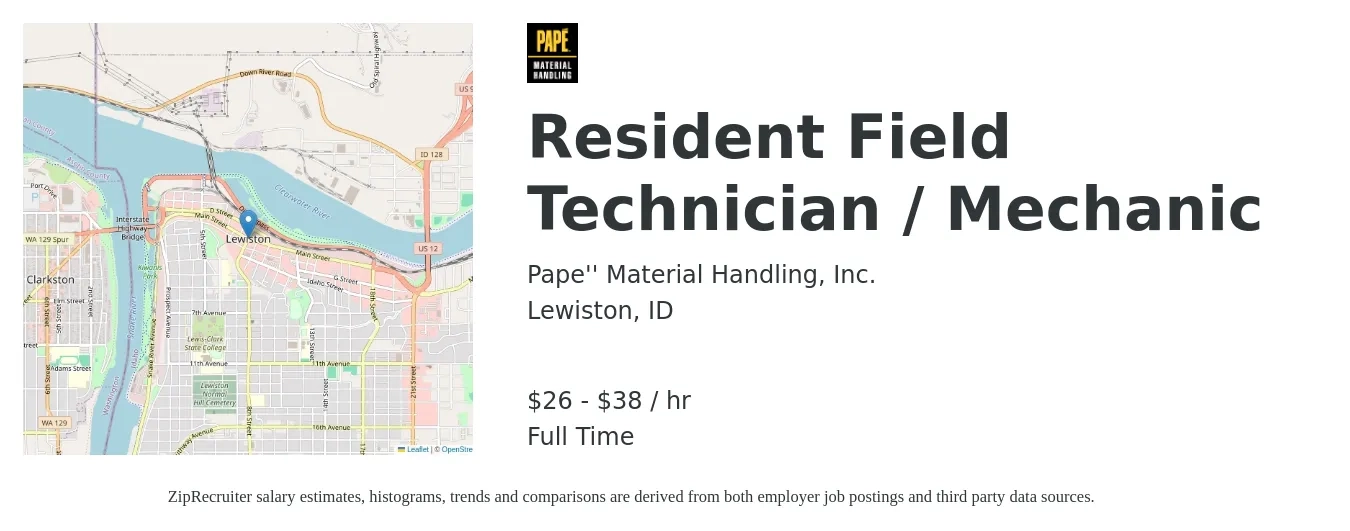 Pape Material Handling Inc job posting for a Resident Field Technician / Mechanic in Lewiston, ID with a salary of $28 to $40 Hourly with a map of Lewiston location.