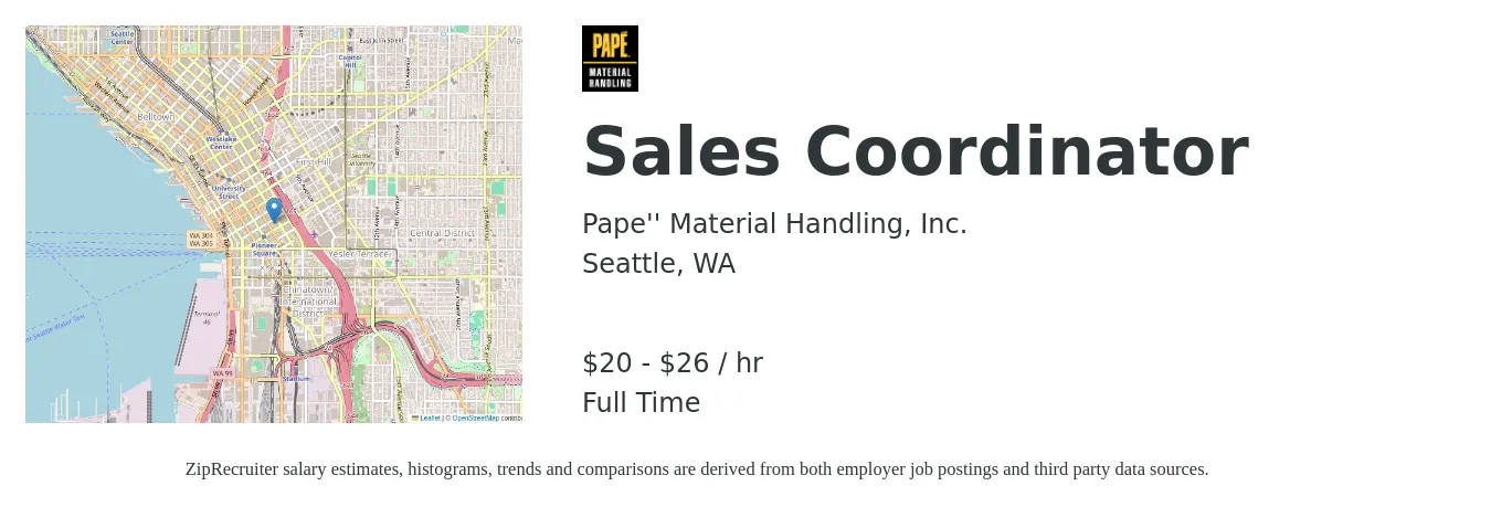 Pape Material Handling Inc job posting for a Sales Coordinator in Seattle, WA with a salary of $21 to $28 Hourly with a map of Seattle location.