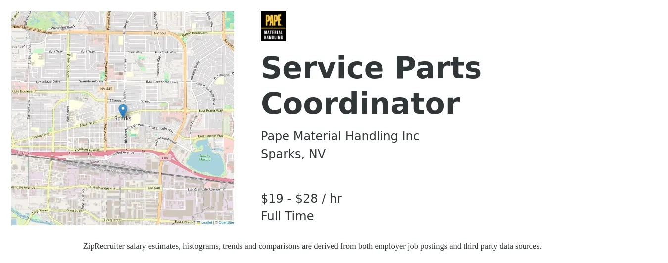 Pape Material Handling Inc job posting for a Service Parts Coordinator in Sparks, NV with a salary of $20 to $30 Hourly with a map of Sparks location.