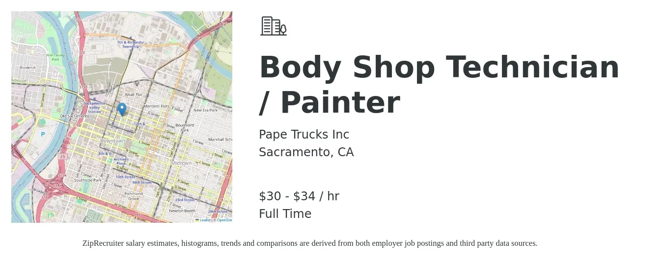 Pape Trucks Inc job posting for a Body Shop Technician / Painter in Sacramento, CA with a salary of $32 to $36 Hourly with a map of Sacramento location.