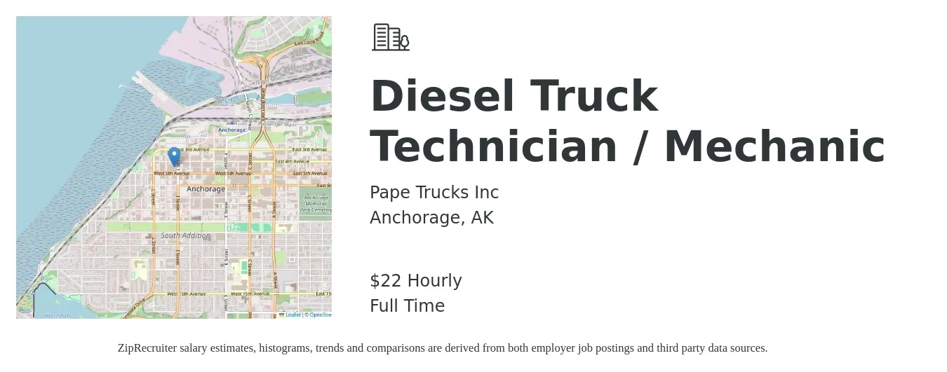 Pape Trucks Inc job posting for a Diesel Truck Technician / Mechanic in Anchorage, AK with a salary of $23 Hourly with a map of Anchorage location.