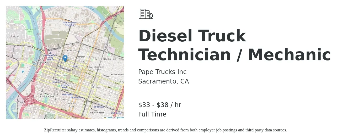 Pape Trucks Inc job posting for a Diesel Truck Technician / Mechanic in Sacramento, CA with a salary of $35 to $40 Hourly with a map of Sacramento location.