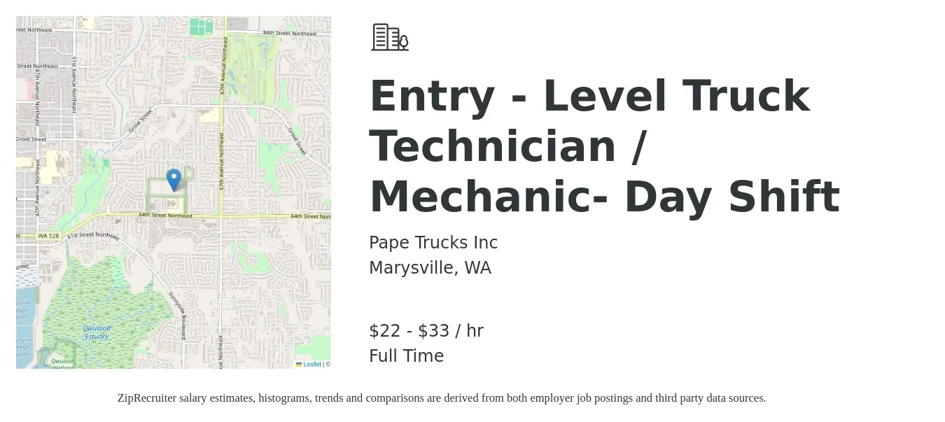 Pape Trucks Inc job posting for a Entry - Level Truck Technician / Mechanic- Day Shift in Marysville, WA with a salary of $23 to $35 Hourly with a map of Marysville location.
