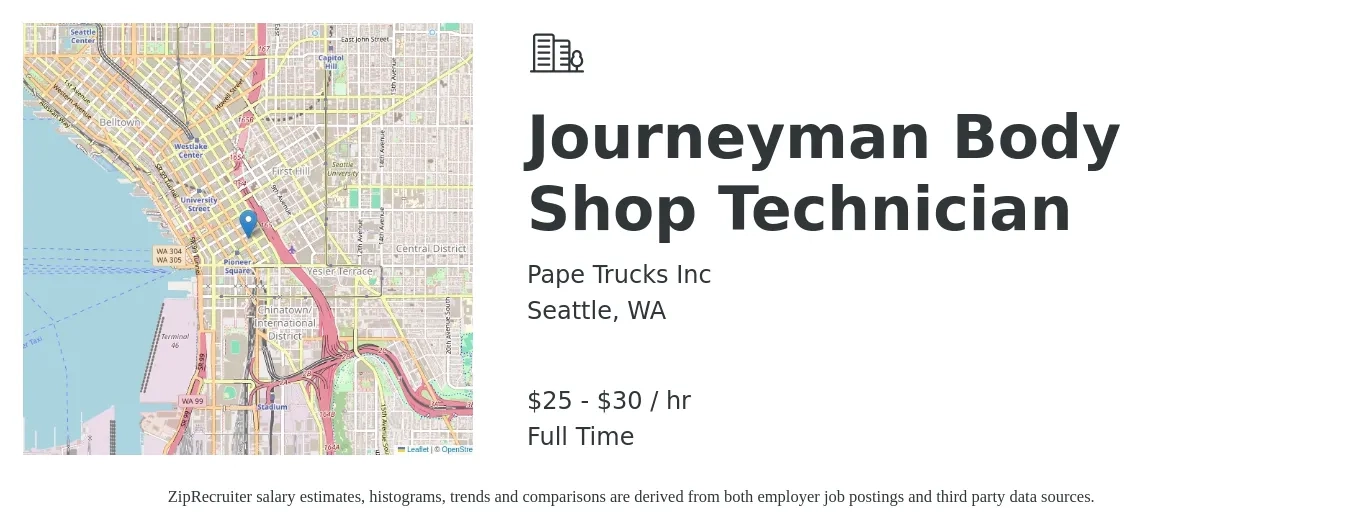 Pape Trucks Inc job posting for a Journeyman Body Shop Technician in Seattle, WA with a salary of $26 to $32 Hourly with a map of Seattle location.