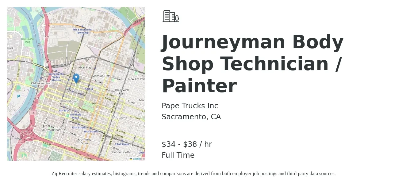 Pape Trucks Inc job posting for a Journeyman Body Shop Technician / Painter in Sacramento, CA with a salary of $36 to $40 Hourly with a map of Sacramento location.