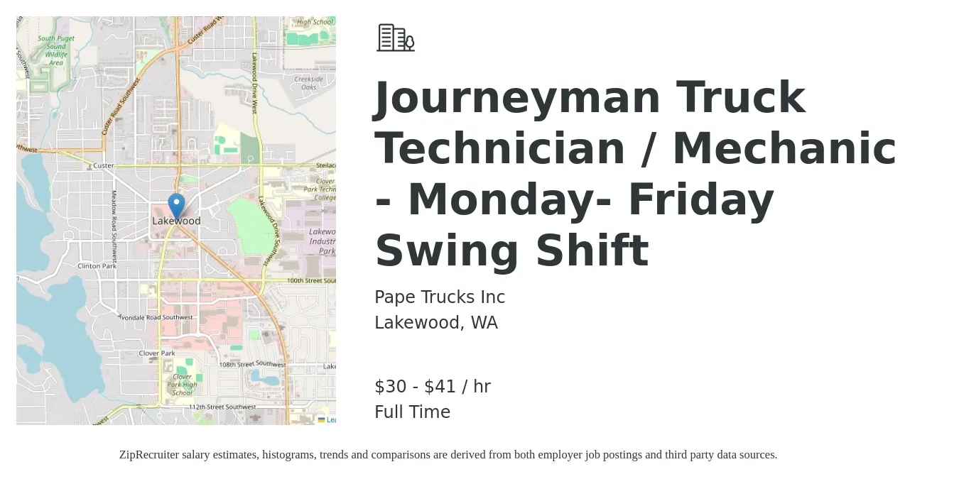 Pape Trucks Inc job posting for a Journeyman Truck Technician / Mechanic - Monday- Friday Swing Shift in Lakewood, WA with a salary of $32 to $43 Hourly with a map of Lakewood location.