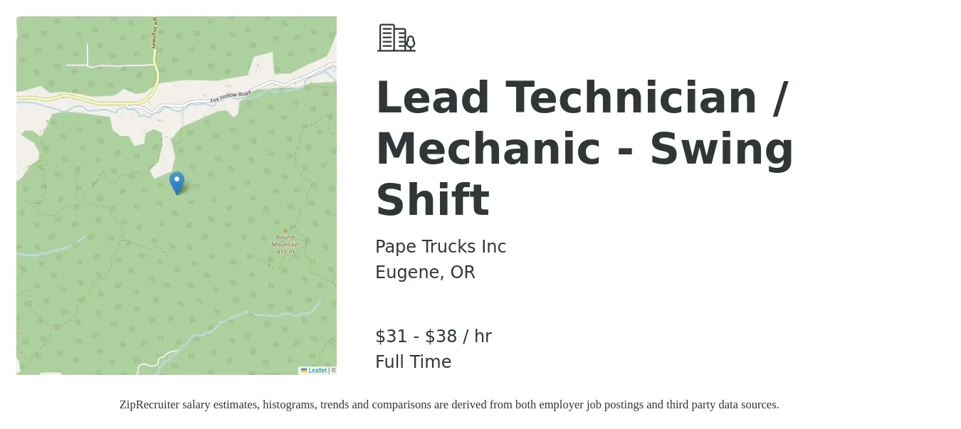 Pape Trucks Inc job posting for a Lead Technician / Mechanic - Swing Shift in Eugene, OR with a salary of $33 to $40 Hourly with a map of Eugene location.