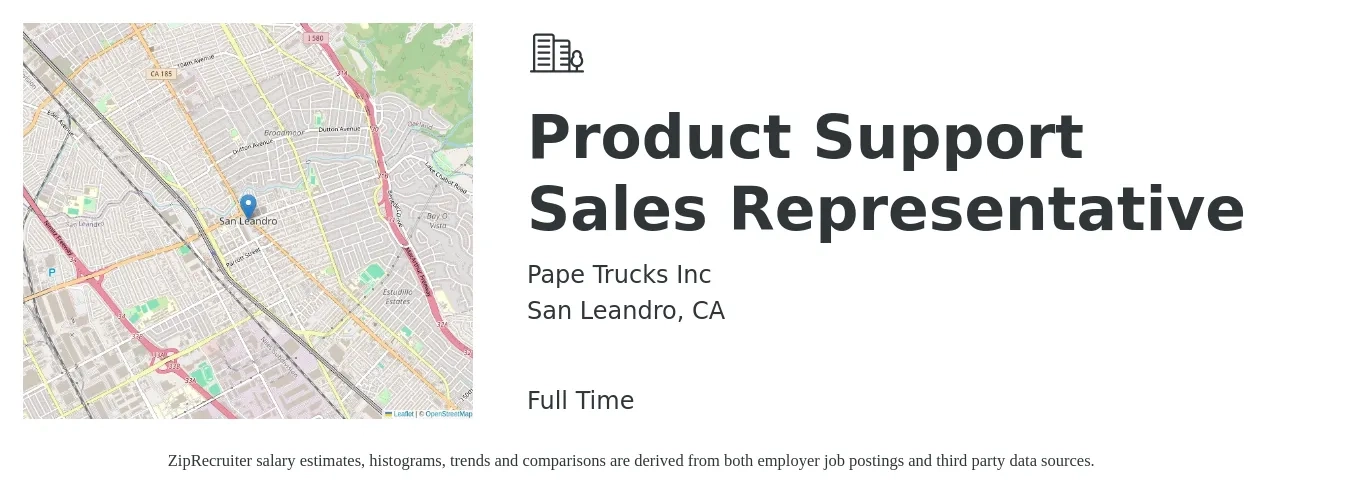 Pape Trucks Inc job posting for a Product Support Sales Representative in San Leandro, CA with a salary of $23 to $25 Hourly with a map of San Leandro location.