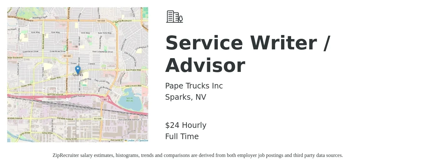 Pape Trucks Inc job posting for a Service Writer / Advisor in Sparks, NV with a salary of $25 Hourly with a map of Sparks location.