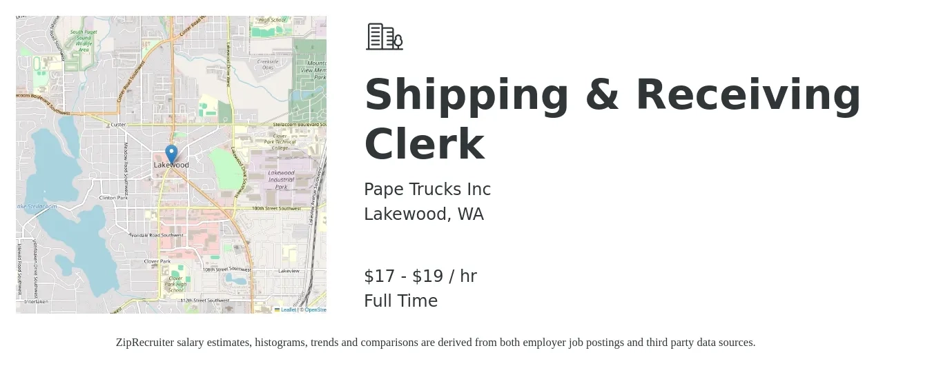 Pape Trucks Inc job posting for a Shipping & Receiving Clerk in Lakewood, WA with a salary of $18 to $20 Hourly with a map of Lakewood location.