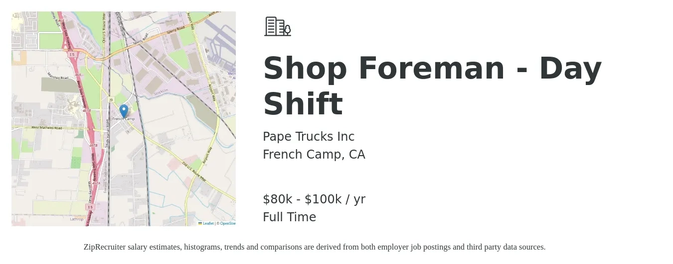 Pape Trucks Inc job posting for a Shop Foreman - Day Shift in French Camp, CA with a salary of $80,000 to $100,000 Yearly with a map of French Camp location.
