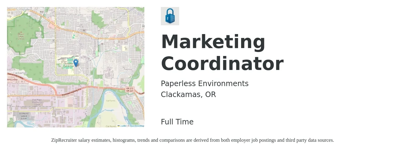 Paperless Environments job posting for a Marketing Coordinator in Clackamas, OR with a salary of $60,000 Yearly with a map of Clackamas location.