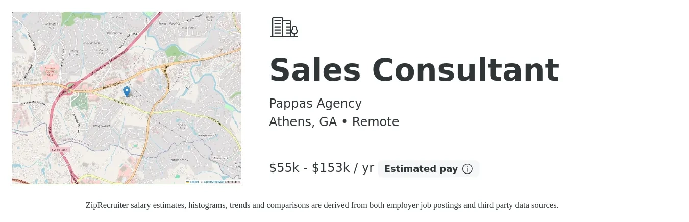 Pappas Agency job posting for a Sales Consultant in Athens, GA with a salary of $55,000 to $153,000 Yearly with a map of Athens location.