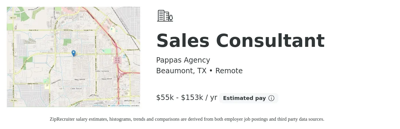 Pappas Agency job posting for a Sales Consultant in Beaumont, TX with a salary of $55,000 to $153,000 Yearly with a map of Beaumont location.