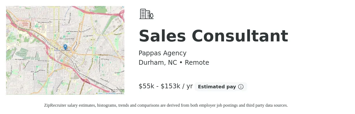 Pappas Agency job posting for a Sales Consultant in Durham, NC with a salary of $55,000 to $153,000 Yearly with a map of Durham location.
