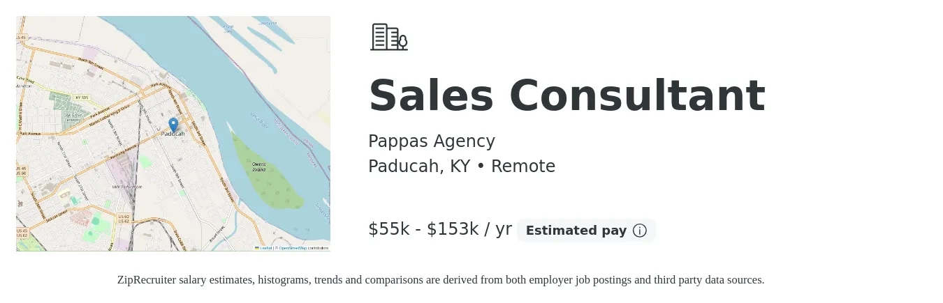 Pappas Agency job posting for a Sales Consultant in Paducah, KY with a salary of $55,000 to $153,000 Yearly with a map of Paducah location.