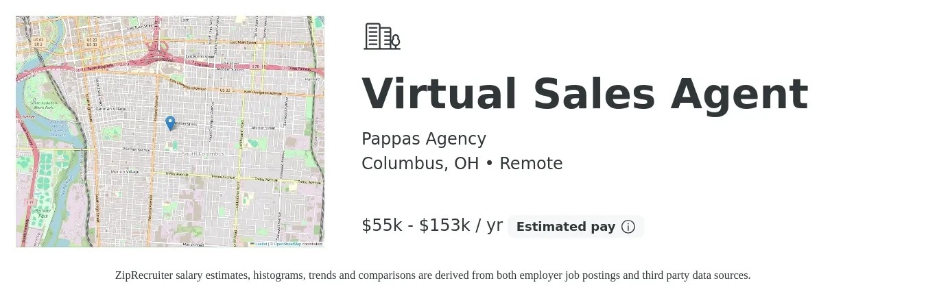 Pappas Agency job posting for a Virtual Sales Agent in Columbus, OH with a salary of $55,000 to $153,000 Yearly with a map of Columbus location.