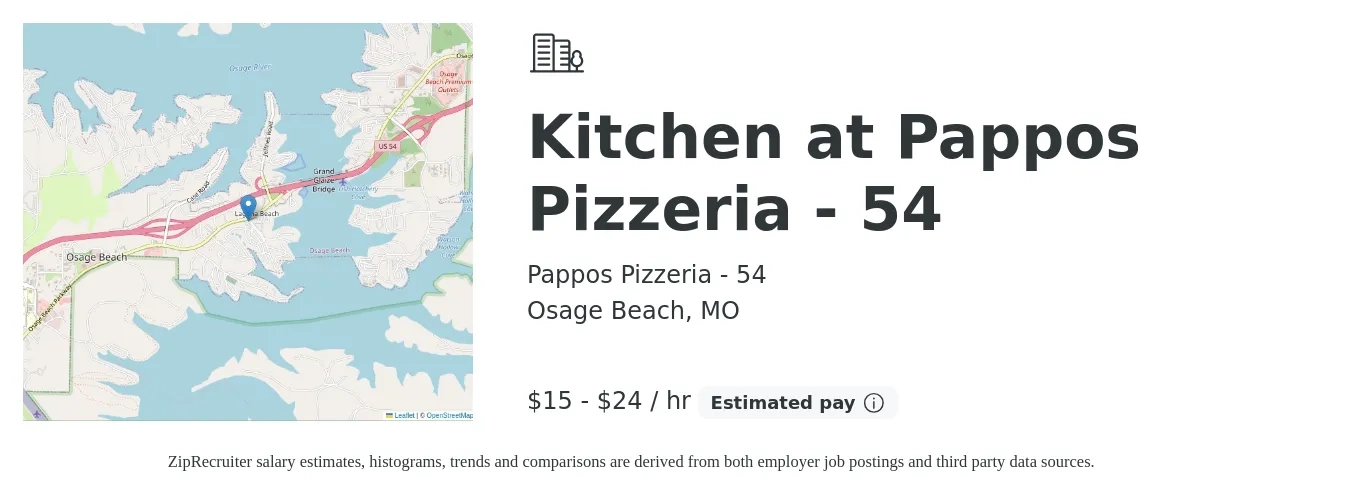 Pappos Pizzeria - 54 job posting for a Kitchen at Pappos Pizzeria - 54 in Osage Beach, MO with a salary of $16 to $25 Hourly with a map of Osage Beach location.