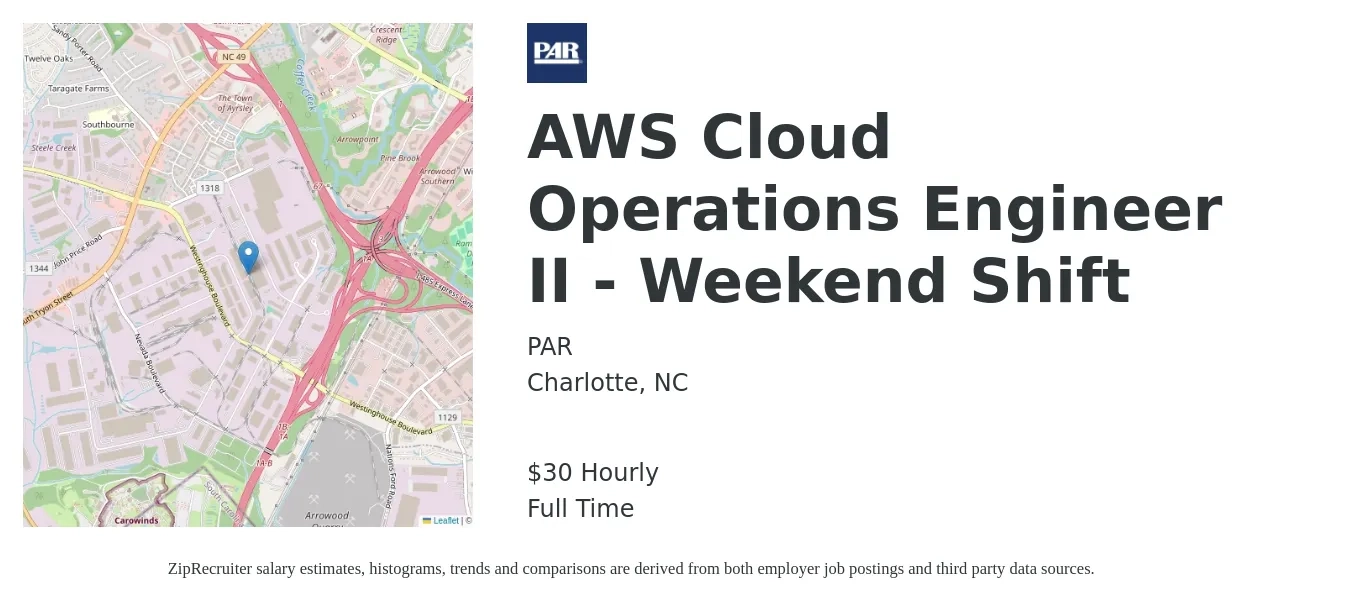 PAR job posting for a AWS Cloud Operations Engineer II - Weekend Shift in Charlotte, NC with a salary of $31 Hourly with a map of Charlotte location.