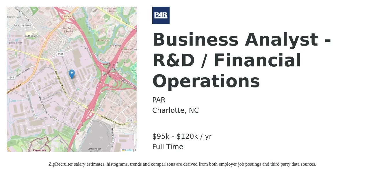 PAR job posting for a Business Analyst - R&D / Financial Operations in Charlotte, NC with a salary of $95,300 to $120,000 Yearly with a map of Charlotte location.
