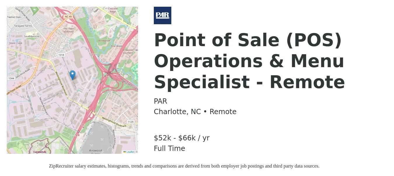 PAR job posting for a Point of Sale (POS) Operations & Menu Specialist - Remote in Charlotte, NC with a salary of $52,000 to $66,000 Yearly with a map of Charlotte location.