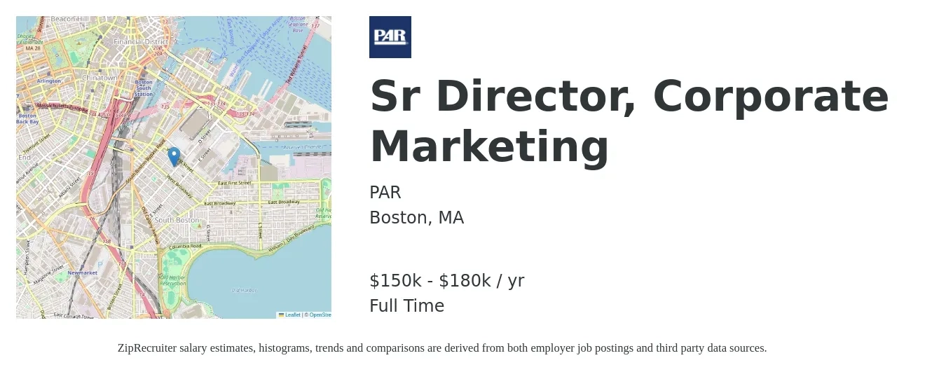 PAR job posting for a Sr Director, Corporate Marketing in Boston, MA with a salary of $150,000 to $180,000 Yearly with a map of Boston location.