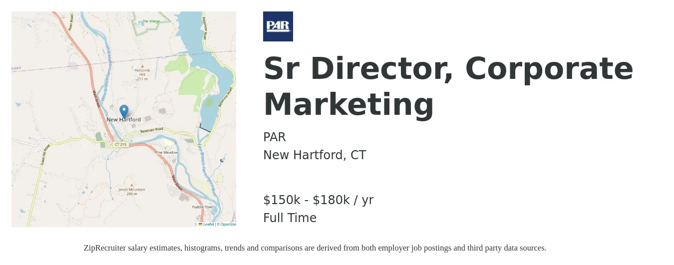 PAR job posting for a Sr Director, Corporate Marketing in New Hartford, CT with a salary of $150,000 to $180,000 Yearly with a map of New Hartford location.