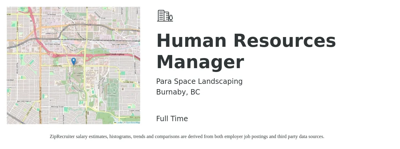 Para Space Landscaping job posting for a Human Resources Manager in Burnaby, BC with a map of Burnaby location.