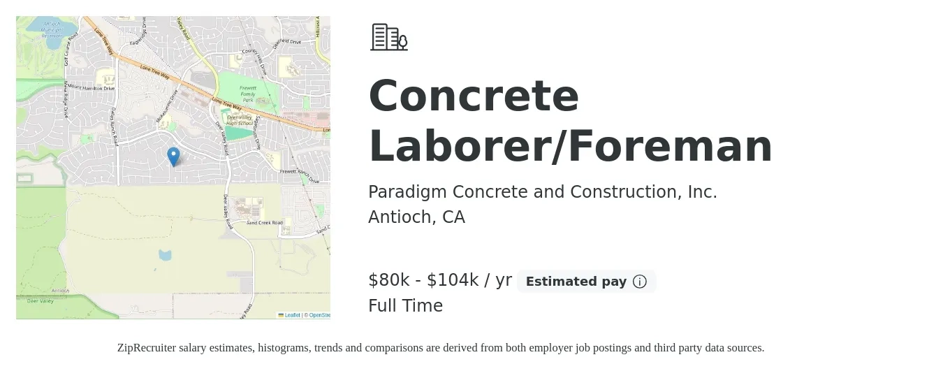 Paradigm Concrete and Construction, Inc. job posting for a Concrete Laborer/Foreman in Antioch, CA with a salary of $80,000 to $104,000 Yearly with a map of Antioch location.