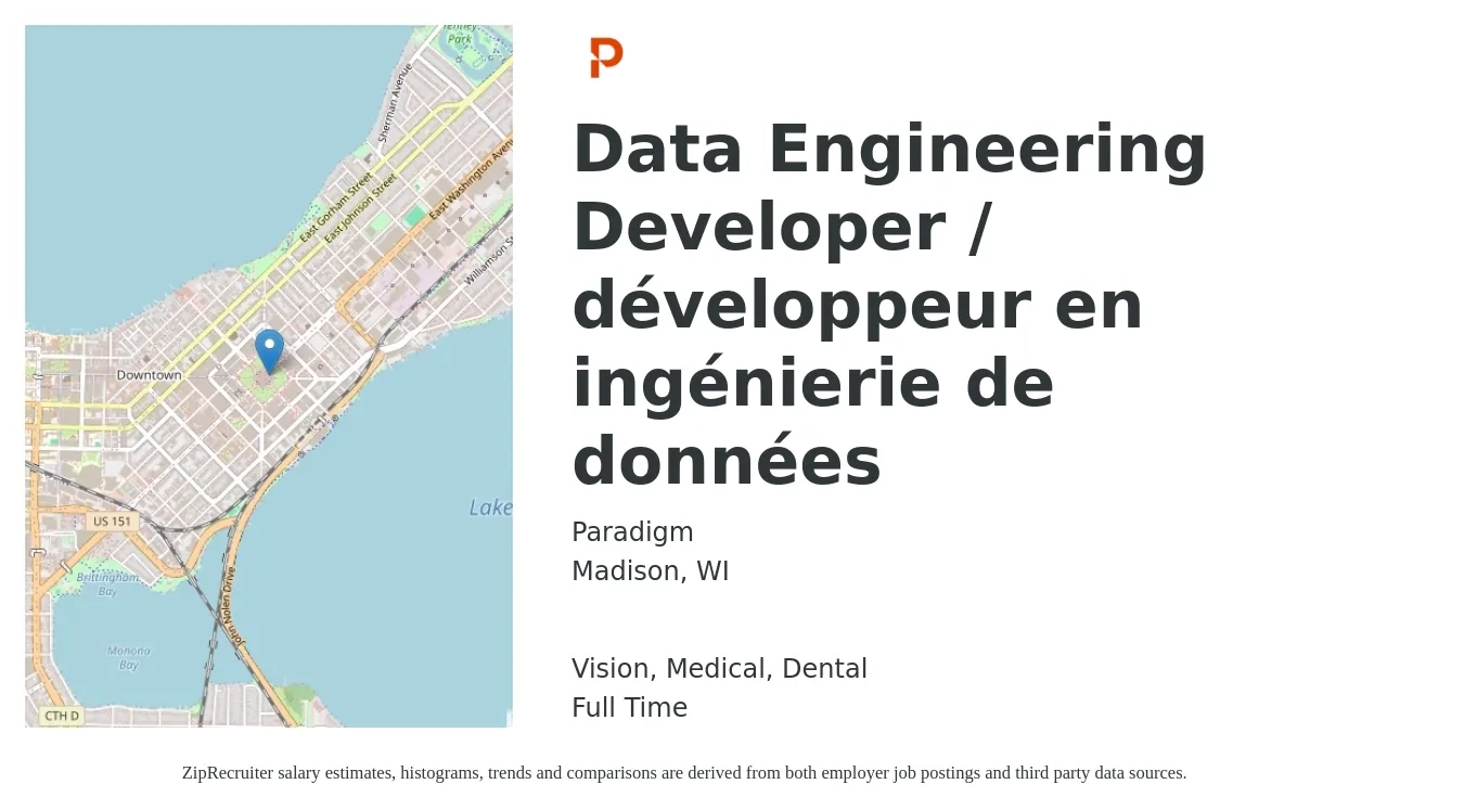 Paradigm job posting for a Data Engineering Developer / développeur en ingénierie de données in Madison, WI with a salary of $50 to $68 Hourly and benefits including vision, dental, life_insurance, medical, pto, and retirement with a map of Madison location.