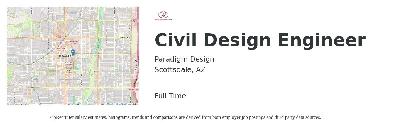 Paradigm Design job posting for a Civil Design Engineer in Scottsdale, AZ with a salary of $67,400 to $94,600 Yearly with a map of Scottsdale location.