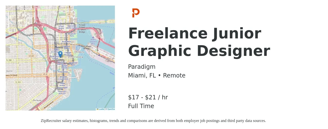 Paradigm job posting for a Freelance Junior Graphic Designer in Miami, FL with a salary of $18 to $22 Hourly with a map of Miami location.