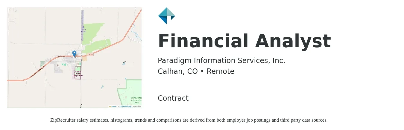 Paradigm Information Services, Inc. job posting for a Financial Analyst in Calhan, CO with a salary of $66,400 to $104,900 Yearly with a map of Calhan location.