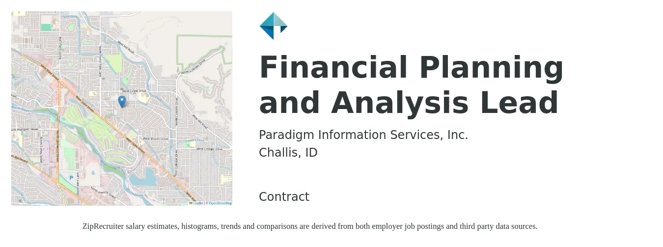 Paradigm Information Services, Inc. job posting for a Financial Planning and Analysis Lead in Challis, ID with a salary of $65,600 to $98,700 Yearly with a map of Challis location.