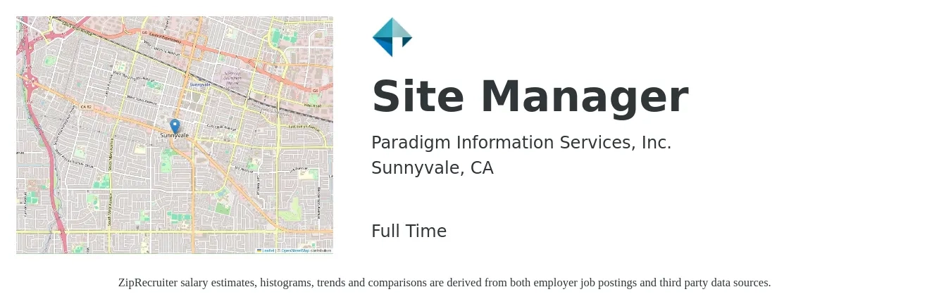 Paradigm Information Services, Inc. job posting for a Site Manager in Sunnyvale, CA with a salary of $58,900 to $142,400 Yearly with a map of Sunnyvale location.